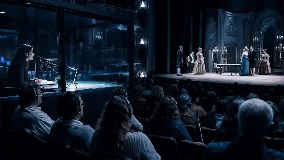 Audiodescritora em cabine transmitindo narração ao vivo durante espetáculo de teatro, com plateia usando fones de ouvido