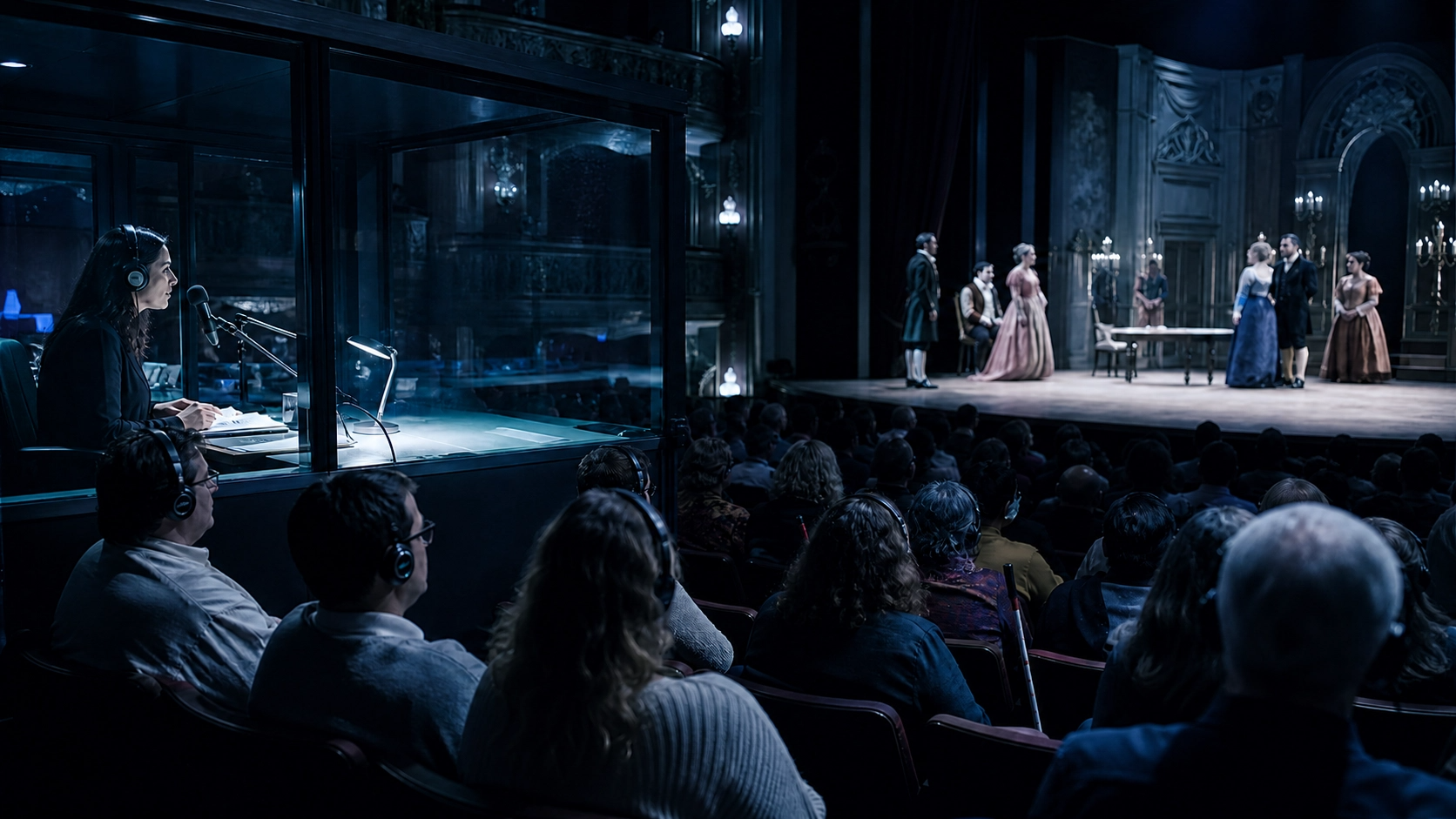 Fotografia criada por inteligência artificial mostra pessoas com deficiência visual acompanhando uma peça teatral com fones de ouvido.